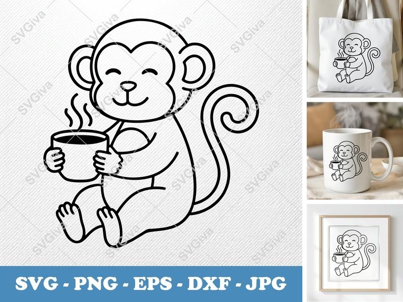 Monkey Coffee SVG, Cute Beverage Drink Outline, PNG EPS DXF | Cricut Silhouette Cut File, Modern Animal Clipart