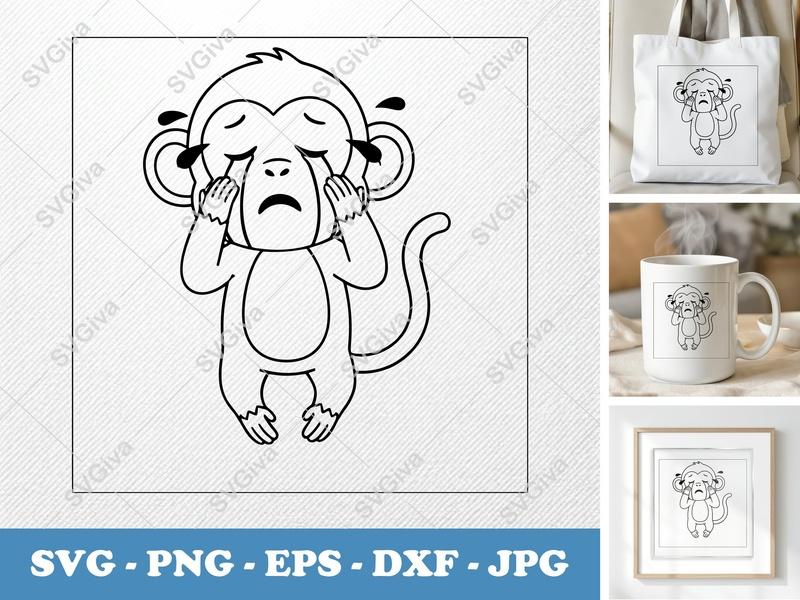 Monkey Crying SVG Minimalist Design | Bold Black Contour Cut File | PNG DXF EPS for Cricut & Silhouette