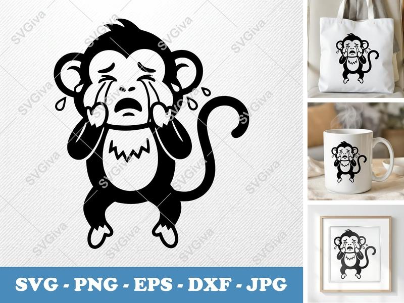 Monkey Crying SVG, Sad Monkey Cut File, Modern Animal Clip Art, PNG EPS DXF for Cricut, Silhouette, Vector Art