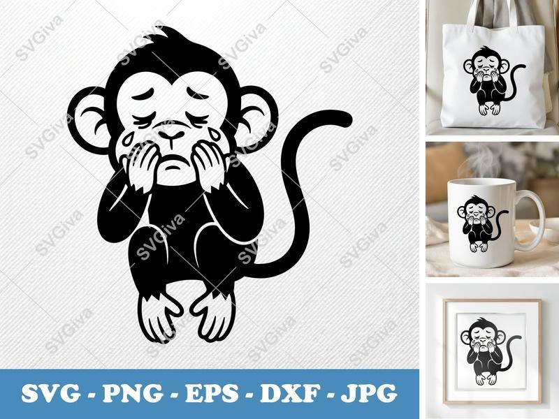 Monkey Crying SVG, Sad Monkey PNG, Cute Emotional EPS, Tearful Monkey DXF for Cricut, Silhouette Cut File, Animal Clipart