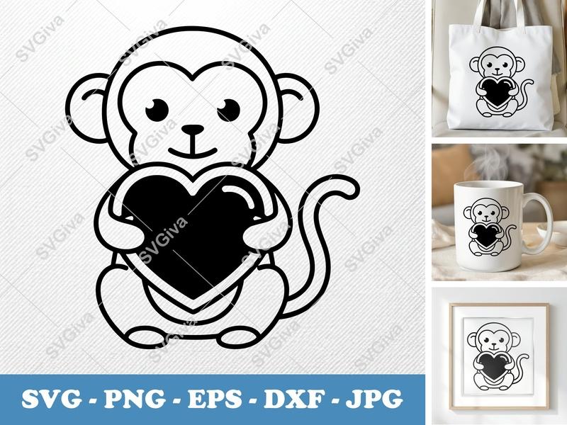 Monkey Holding Heart SVG | Friendly Bean-Shaped Design | PNG DXF EPS | Cricut Silhouette File