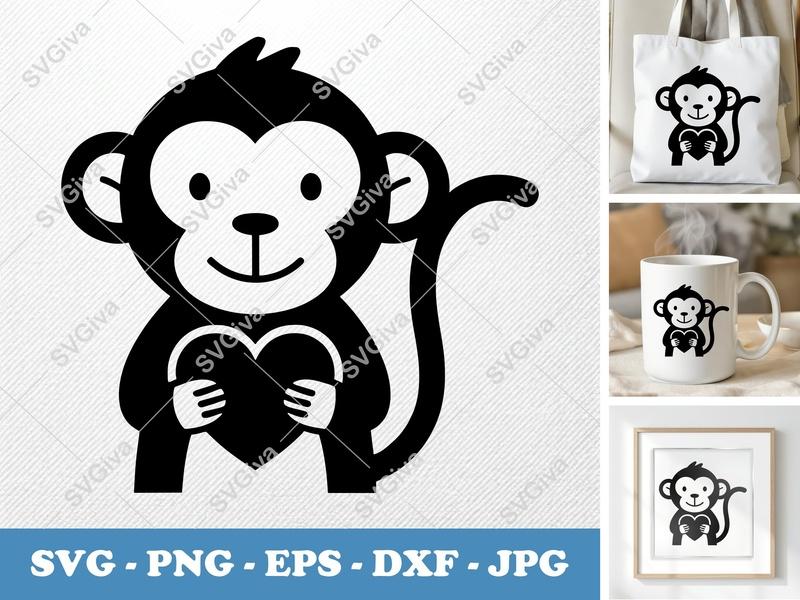 Monkey Holding Heart SVG | Minimalist Character Cut File | Bold Black Contour, Clean White Fill | PNG DXF EPS | Cricut Silhouette Design