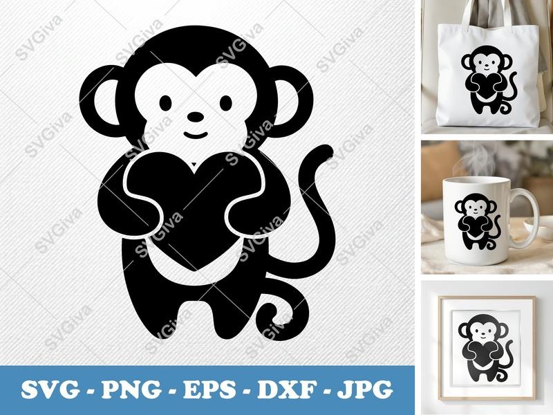 Monkey Holding Heart SVG | Puffy Soft Shapes | SVG PNG DXF EPS | Cricut Silhouette File