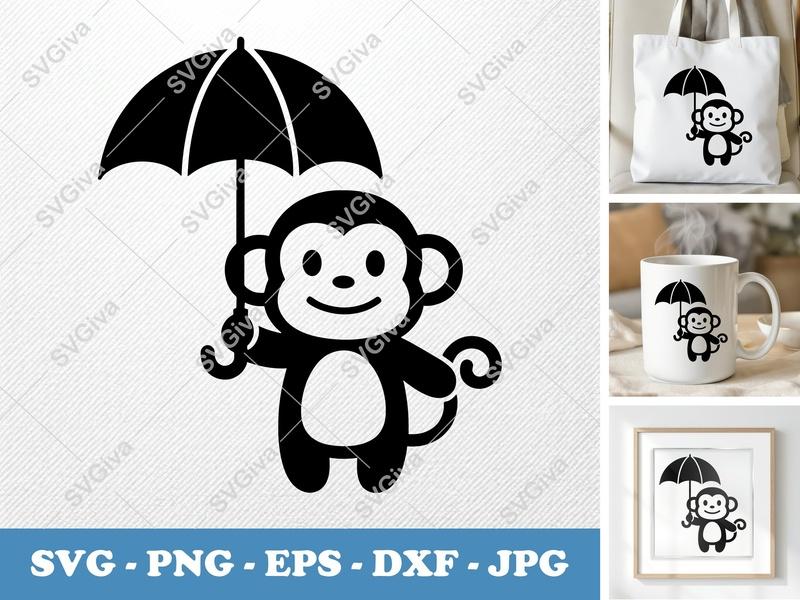 Monkey Holding Umbrella SVG | Bold Minimalist Vector | PNG DXF EPS | Cricut Silhouette Cut File