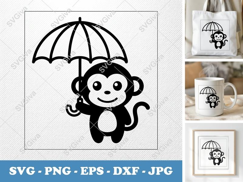 Monkey Holding Umbrella SVG | Friendly Bean-Shaped Cut File for Cricut & Silhouette | PNG DXF EPS