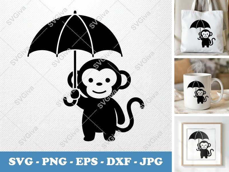 Monkey Holding Umbrella SVG | Inflated Puffy Shapes PNG DXF EPS | Cricut Silhouette Cut File