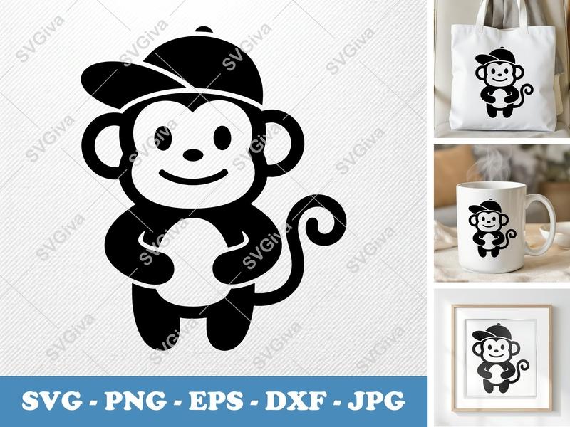 Monkey in a Cap SVG | Bold Contour, Simple Character | PNG DXF EPS | Cricut Silhouette File