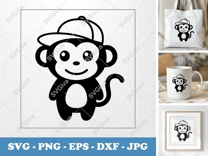 Monkey in a Cap SVG | Friendly Rounded Bean-Shaped Forms | PNG DXF EPS | Cricut Silhouette File