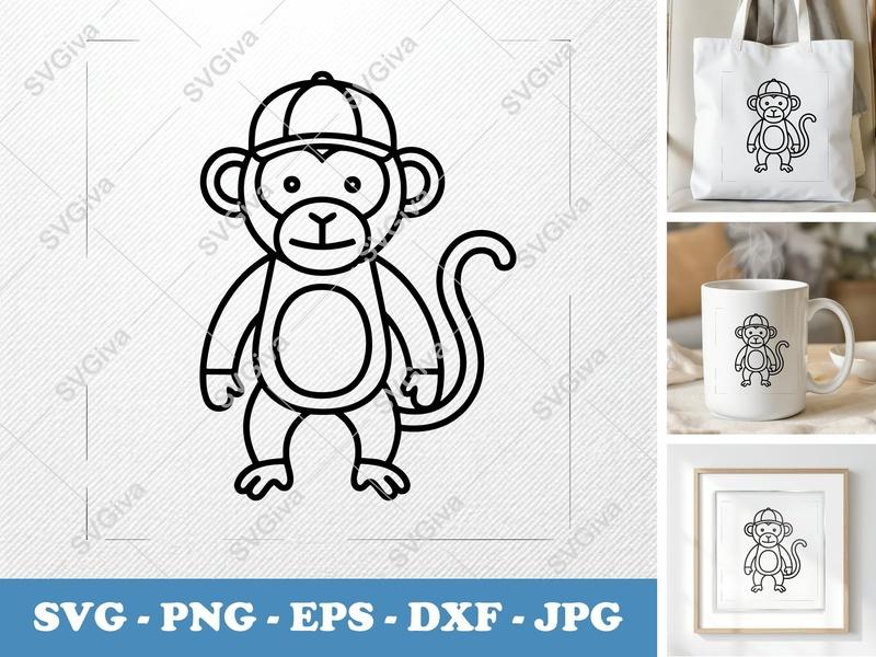 Monkey in a Cap SVG | Outline Art Cut File | Thick Contour Thin Lines | SVG PNG DXF EPS for Cricut Silhouette