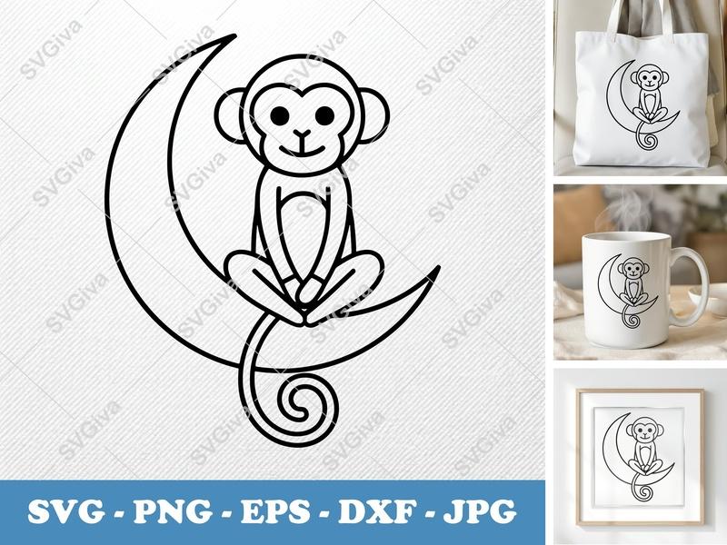 Monkey on Moon SVG, Cute Baby Animal Outline, Modern Clean Design, PNG EPS DXF for Cricut, Silhouette
