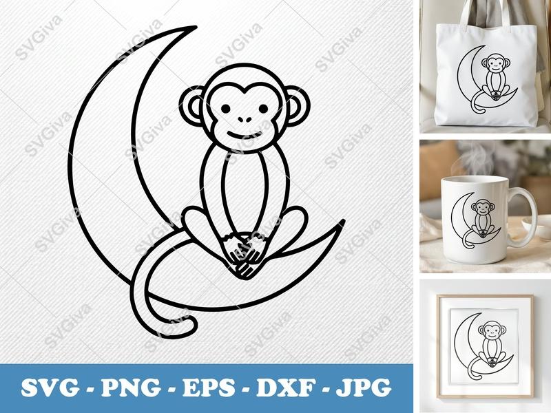 Monkey on Moon SVG, Cute Baby Animal PNG, EPS, DXF | Modern Outline Cut File for Cricut, Silhouette, Kids Nursery Decor