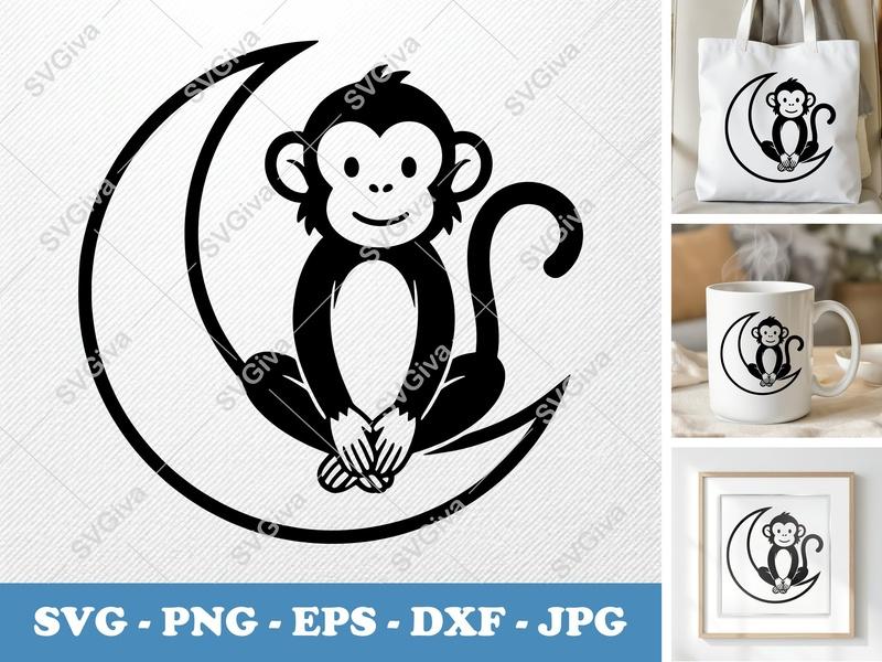 Monkey on Moon SVG, Cute Baby Monkey PNG, EPS, DXF Cut File for Cricut & Silhouette, Modern Animal Design
