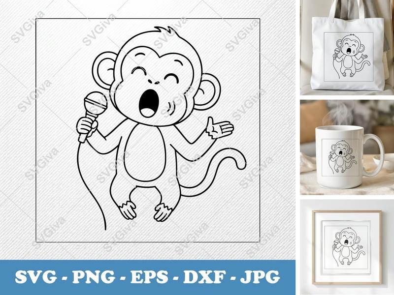 Monkey Singing SVG | Minimalist Contour Cut File | PNG DXF EPS | Cricut Silhouette Vector Art