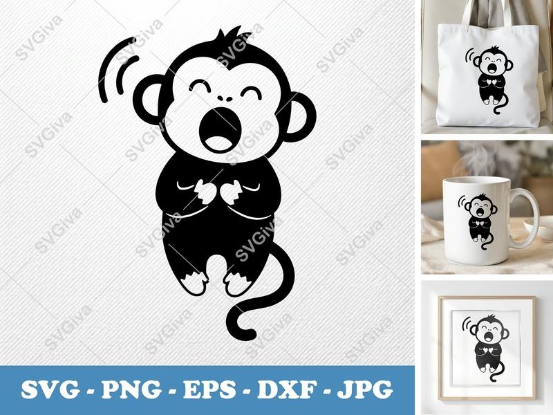 Monkey Singing SVG | Puffy Cartoon Style Cut File | PNG DXF EPS for Cricut Silhouette