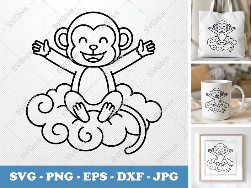 Monkey Sitting on a Cloud SVG | Friendly, Rounded Bean-Shaped Design | PNG DXF EPS | Cricut Silhouette File