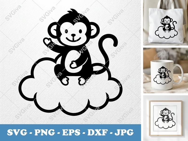 Monkey Sitting on Cloud SVG | Cartoon Minimalist Design | PNG DXF EPS | Cricut Silhouette File