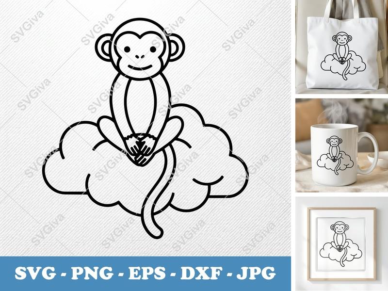Monkey Sitting on Cloud SVG, Modern Clean Line Art PNG EPS DXF for Cricut & Silhouette, Baby Nursery Animal Cut File