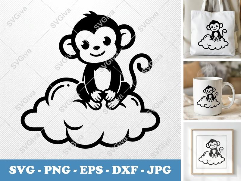 Monkey Sitting on Cloud SVG | Outline Style, Basic Shapes | PNG DXF EPS | Cricut Silhouette File