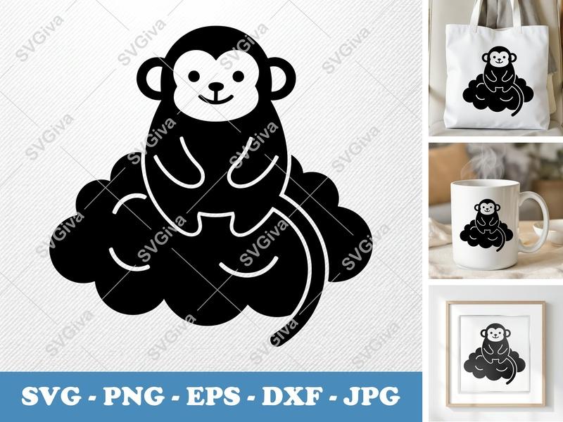 Monkey Sitting on Cloud SVG PNG DXF EPS | Cute Animal Cut File for Cricut Silhouette Vinyl Decal