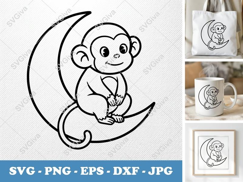 Monkey Sitting on Moon SVG | Friendly Rounded Bean-Shaped Design | PNG, DXF, EPS | Cricut, Silhouette Cut File
