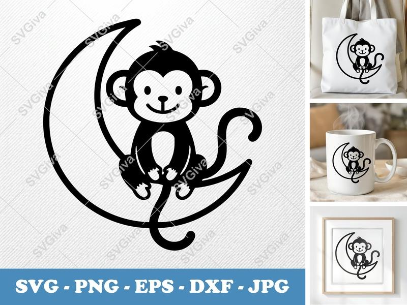 Monkey Sitting on Moon SVG | Minimalist Cartoon Cut File | Bold Outline PNG DXF EPS for Cricut Silhouette