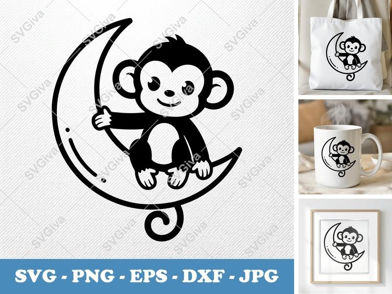 Monkey Sitting on Moon SVG | Minimalist Double-Outline Design | PNG DXF EPS | Cricut Silhouette File