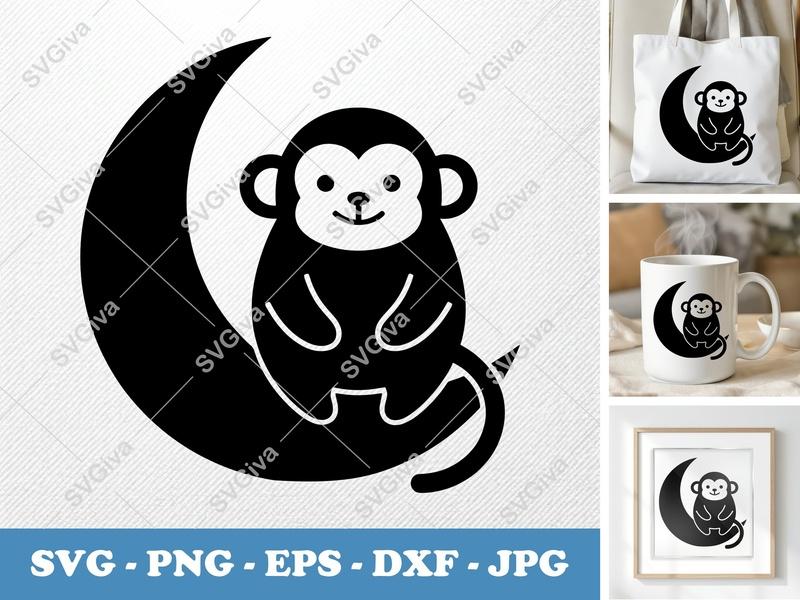 Monkey Sitting on Moon SVG PNG DXF EPS | Cricut Silhouette Cut File