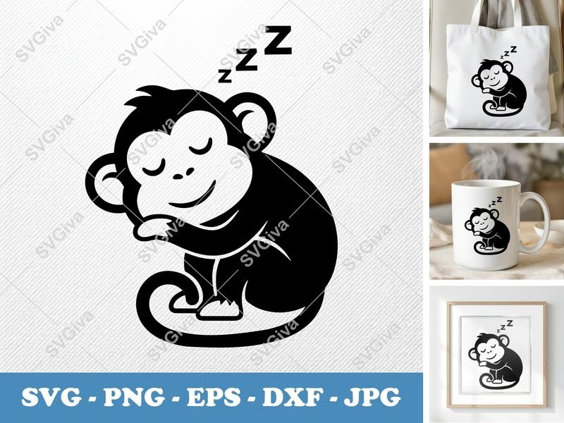 Monkey Sleeping SVG, Cute Baby Animal PNG, Zzz EPS, Modern Clean Design DXF for Cricut & Silhouette, Nursery Decor