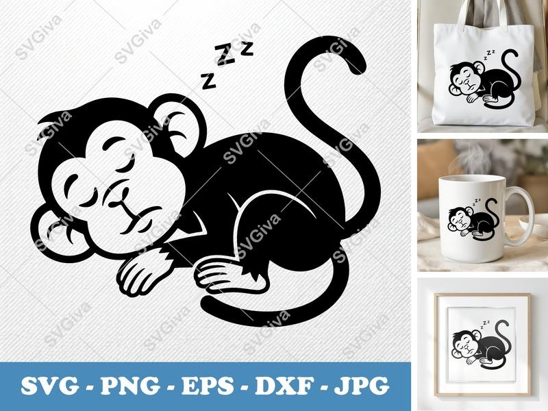 Monkey Sleeping SVG, Cute Baby Primate PNG, EPS, DXF | Modern Jungle Animal Cut File for Cricut, Silhouette