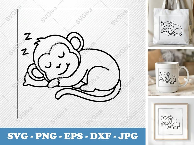 Monkey Sleeping SVG, Friendly Bean-Shaped Rounded Design | PNG DXF EPS | Cricut Silhouette Cut File
