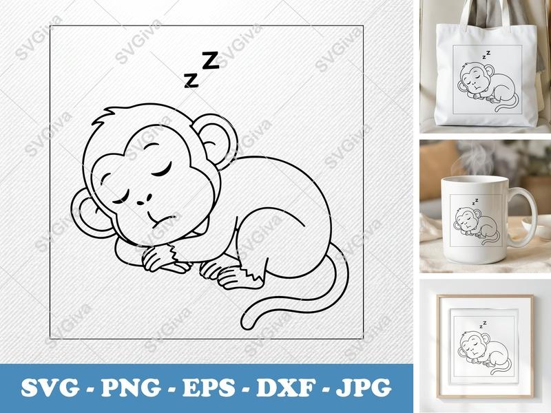 Monkey Sleeping SVG | Minimalist Bold Contour Cut File | PNG DXF EPS | Cricut Silhouette File