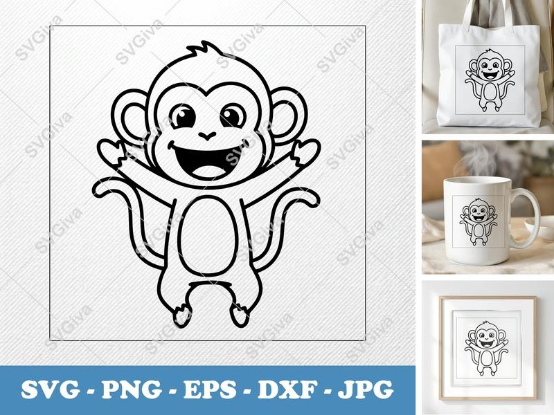 Monkey Smiling Happily SVG | Friendly Rounded Bean-Shaped Cut File | PNG DXF EPS for Cricut Silhouette