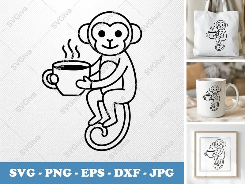 Monkey SVG Coffee Mug Design, Modern Clean Line Art | PNG EPS DXF for Cricut, Silhouette, Cafe Logo, Animal Graphic