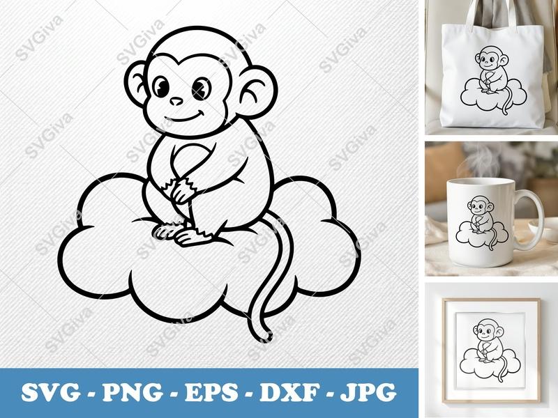 Monkey SVG Cut File, Cute Baby Monkey on Cloud, Outline Design | PNG EPS DXF for Cricut & Silhouette
