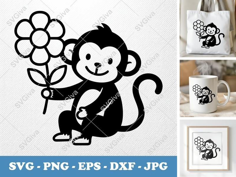 Monkey SVG Cut File | Cute Monkey with Flower Design, Modern Vector Art | PNG EPS DXF for Cricut Silhouette