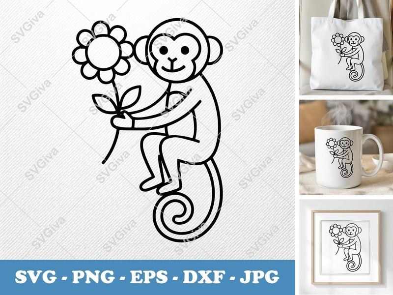 Monkey SVG Cut File, Cute Monkey with Flower Design | PNG EPS DXF for Cricut & Silhouette, Animal Vector Art