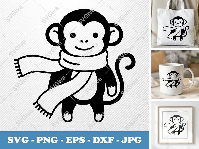 Monkey SVG Cut File, Cute Monkey with Scarf, Modern Design | PNG EPS DXF for Cricut Silhouette