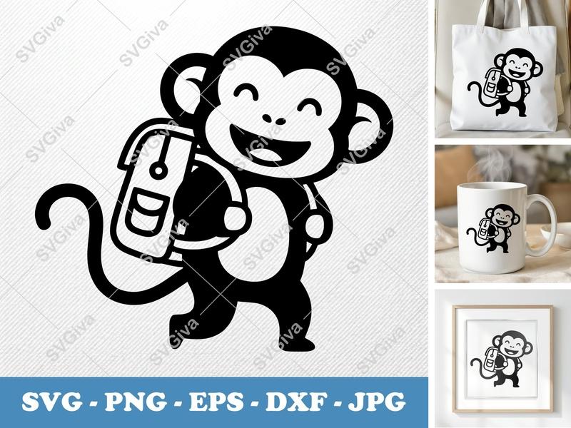 Monkey SVG Cut File, Happy Cartoon Monkey with Backpack, PNG EPS DXF, Cricut Silhouette Vector Art for Kids