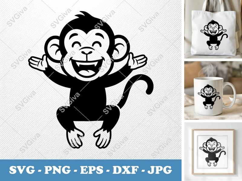 Monkey SVG Cut File, Happy Funny Cartoon Monkey Face, PNG EPS DXF for Cricut & Silhouette, Animal Clipart Vector