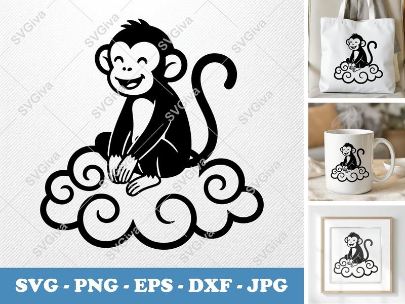 Monkey SVG Cut File, Happy Monkey on Cloud, Modern Animal Clipart, PNG EPS DXF for Cricut, Silhouette, Baby Nursery Decor