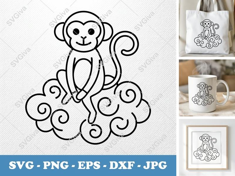 Monkey SVG Cut File, Sitting on Cloud, Outline Design | PNG EPS DXF for Cricut, Silhouette