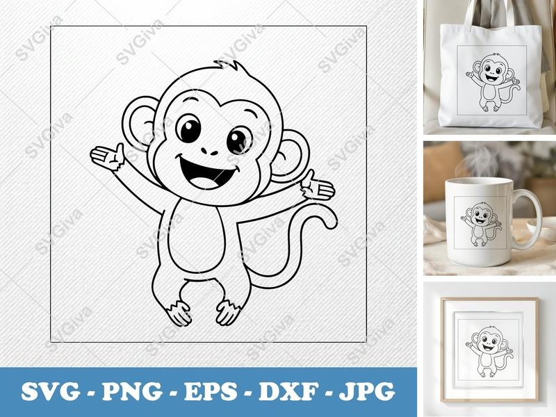 Monkey SVG Cut File | Smiling Happily | Bold Contour Minimalist Design | PNG DXF EPS | Cricut Silhouette Vector