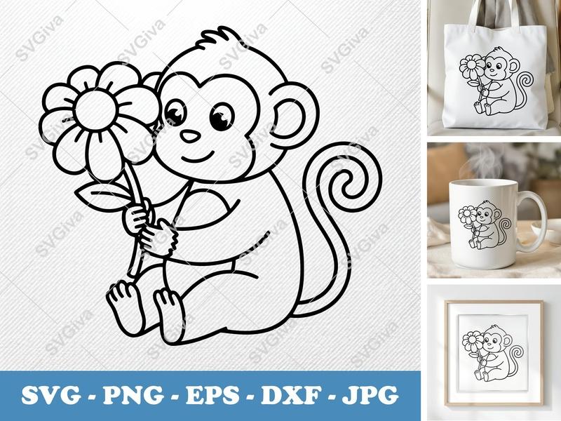 Monkey SVG | Cute Monkey with Flower PNG EPS DXF | Cartoon Animal Cut File for Cricut, Silhouette | Kids Craft