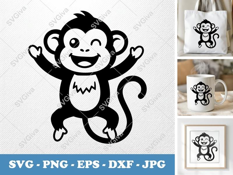 Monkey SVG | Happy Winking Cartoon Monkey Cut File for Cricut, Silhouette | PNG EPS DXF | Safari Animal Clipart