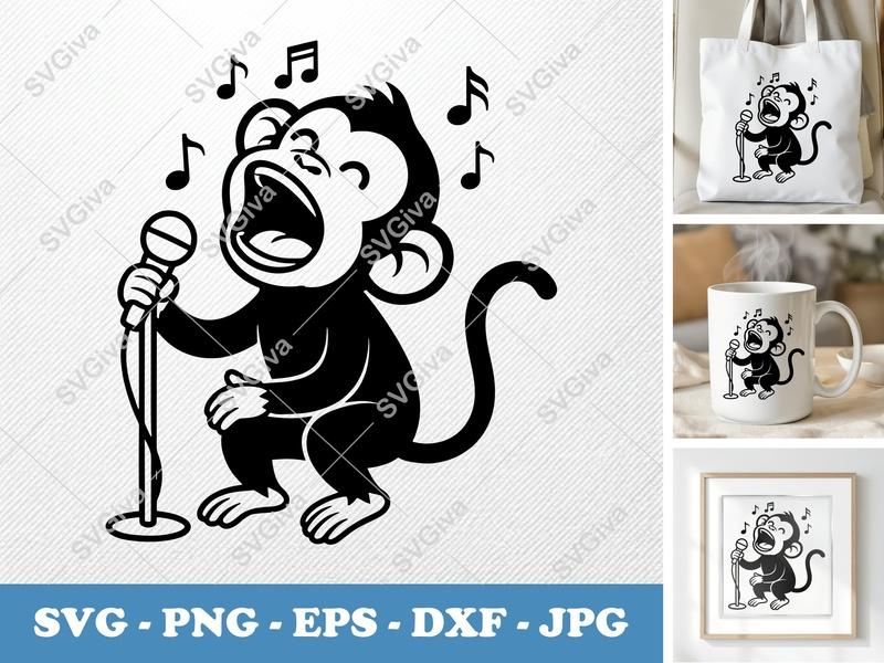 Monkey SVG Singing, Music Karaoke Cut File | Animal Song Design PNG EPS DXF for Cricut, Silhouette