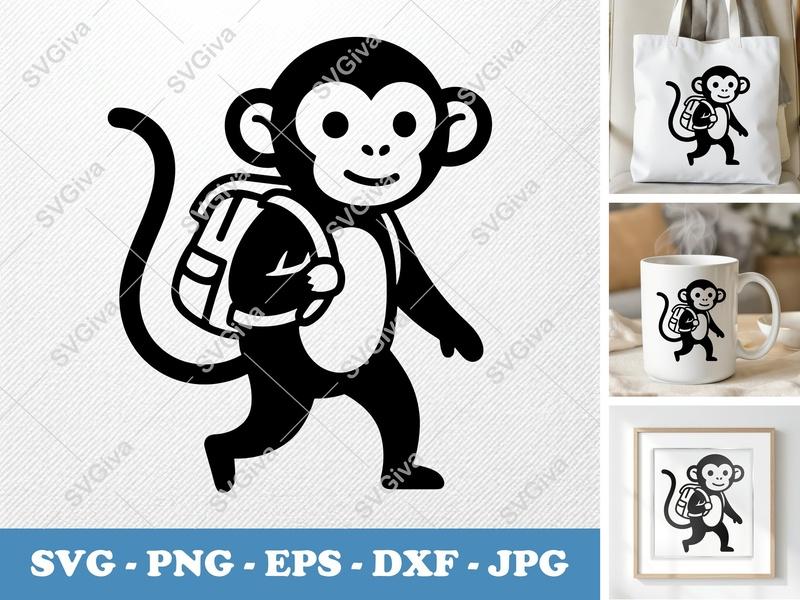 Monkey SVG with Backpack | Modern Cartoon Animal Cut File for Cricut, Silhouette | PNG EPS DXF Vector Clipart