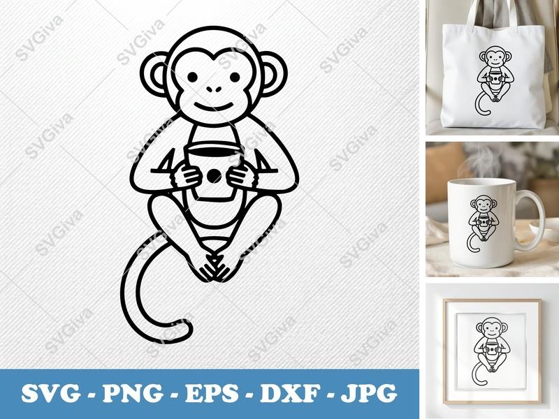 Monkey SVG with Coffee Cup | Safari Animal Cut File, Modern Design PNG EPS DXF for Cricut & Silhouette