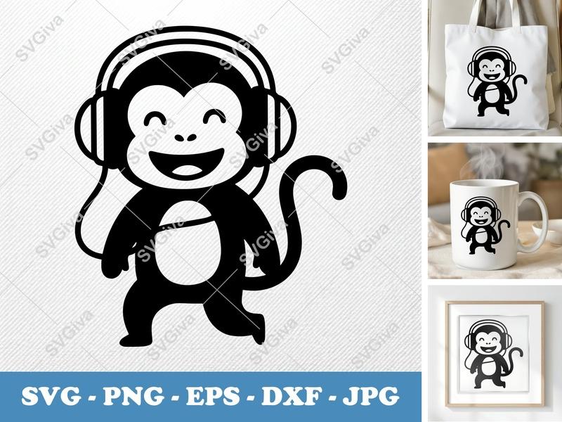 Monkey SVG with Headphones | Cute Animal Cut File for Cricut, Silhouette | PNG EPS DXF | Modern Design