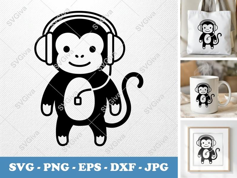 Monkey SVG with Headphones, Modern Animal Cut File, PNG EPS DXF for Cricut & Silhouette, Music Lover Design