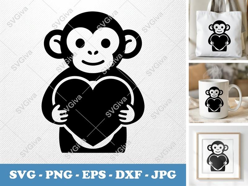 Monkey SVG with Heart | Cute Animal Love Design, PNG EPS DXF for Cricut & Silhouette, Modern Clean Cut File